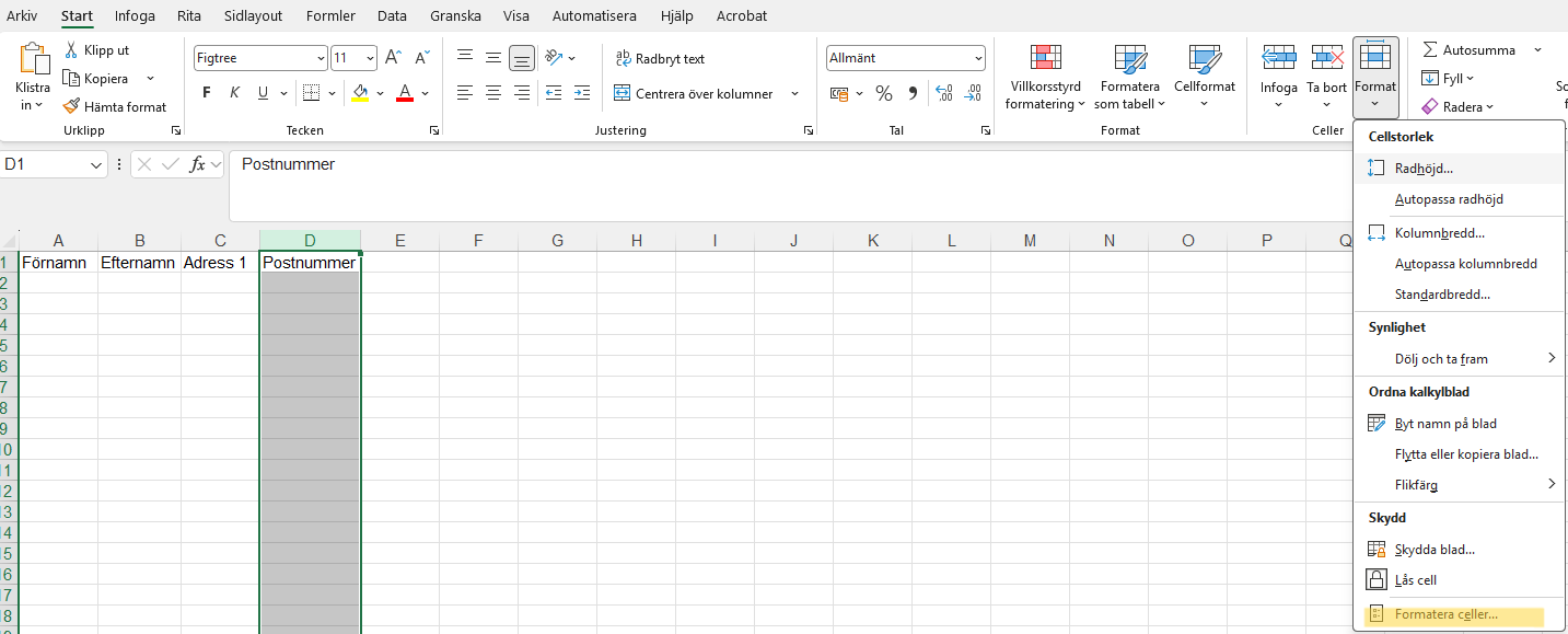 Excel‑ark med kunduppgifter och kolumn för postnummer